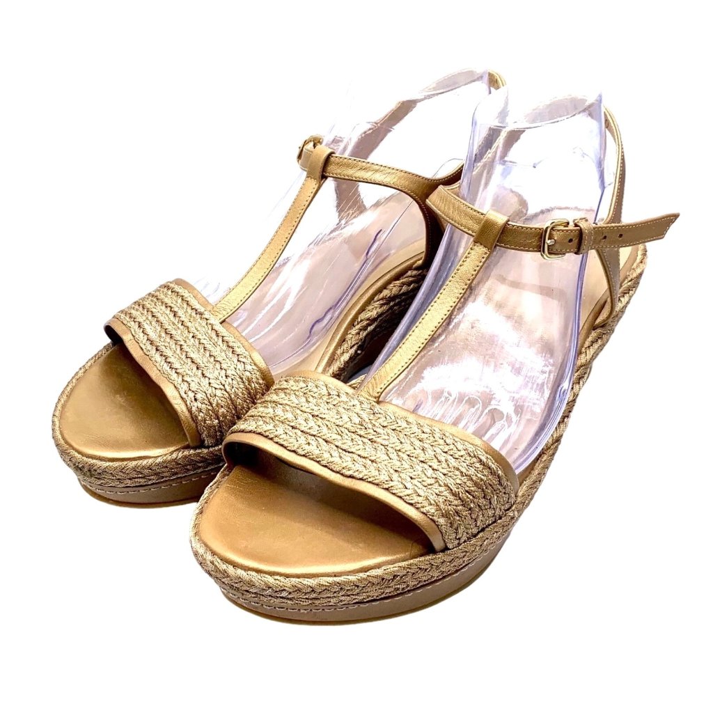 Stuart Weitzman Tan Gold Metallic Espadrille Platform Wedges Size 10